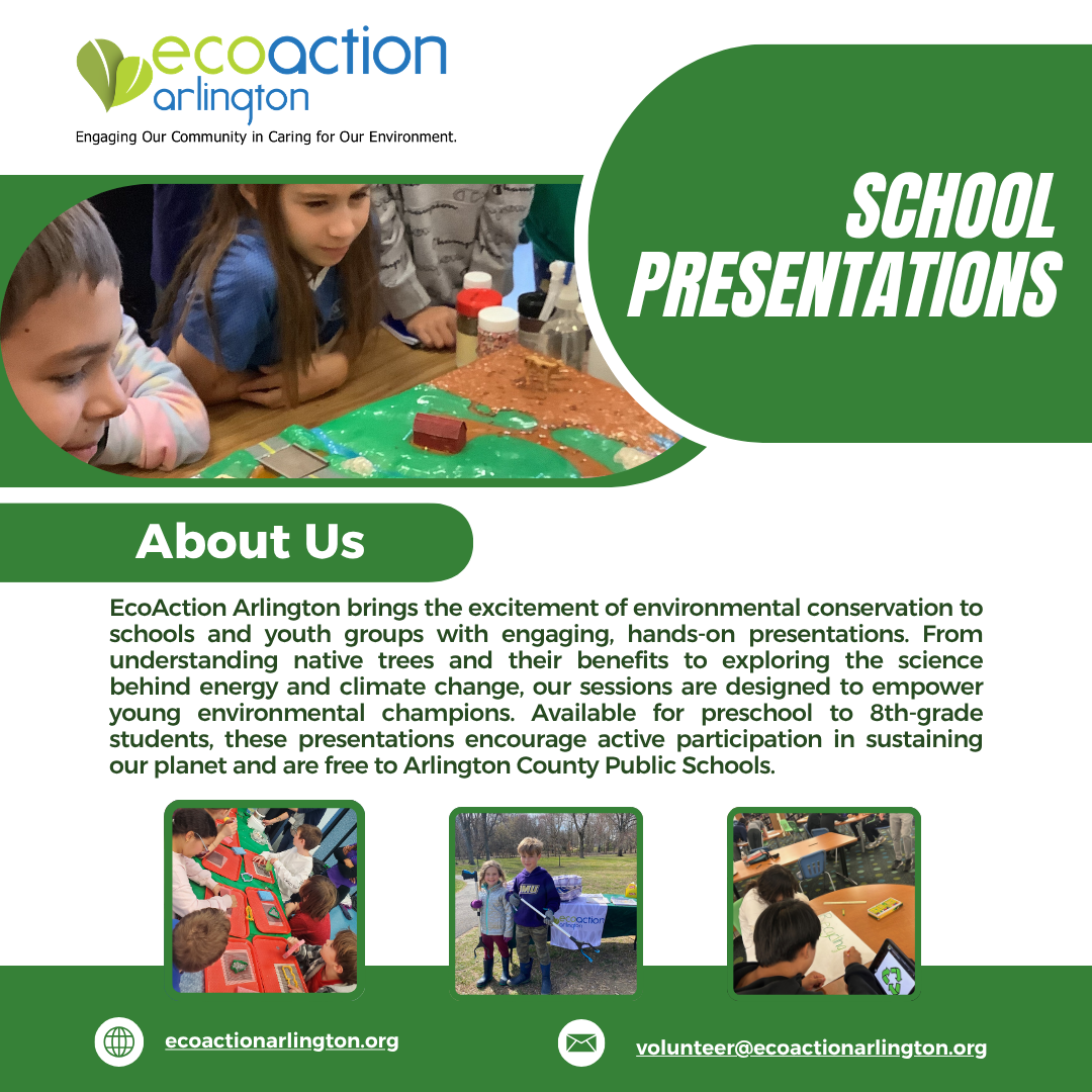Four photos of children engaged in hands-on environmental conservation projects during EcoAction Arlington school presentation with information about the organization and scheduling a presentation.