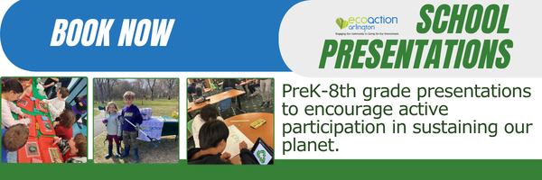 graphic promoting school presentations for preK-8 with 3 images of young students participating in environmental education