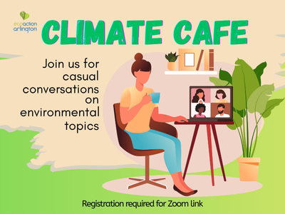 promo graphic for Climate Cafe with illustration of person sitting in a chair holding a mug with a laptop on a table and plant in background with green and tan color pallette