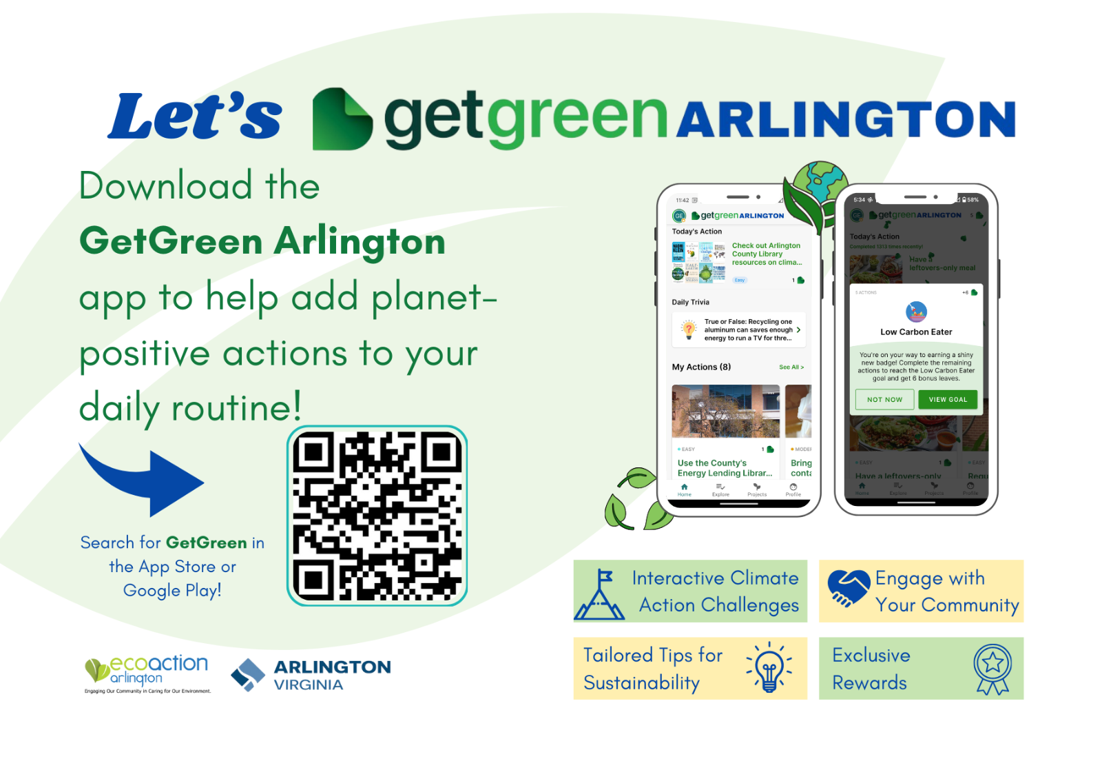 Let's getgreen Arlington promo graphic with image of app on phone and QR code to download