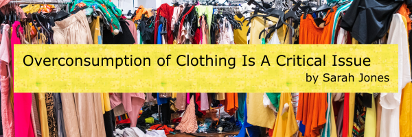 banner with photo of colorful clthes crammed into a giant closet with clothes piled on the floor