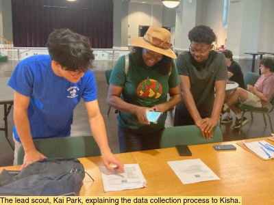 Lead scout, Kai Park in blue shirt explaining the data collection process to Kisha in the hat while another volunteer looks on.