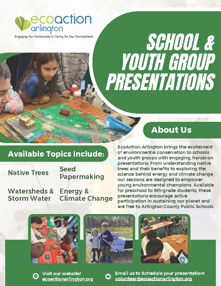 School & Youth Group presentations flyer with logo and photos of school children engaged in environmental activities